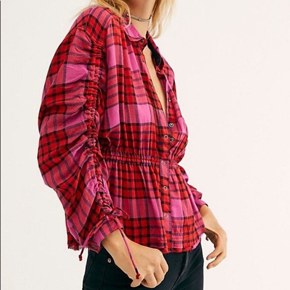 Free People Pacific Dawn Plaid Shirt Red Combo